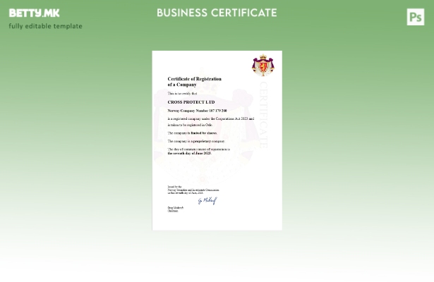 модерен стил Норвешка потврда за регистрација на бизнис Шаблон за Word и PDF
